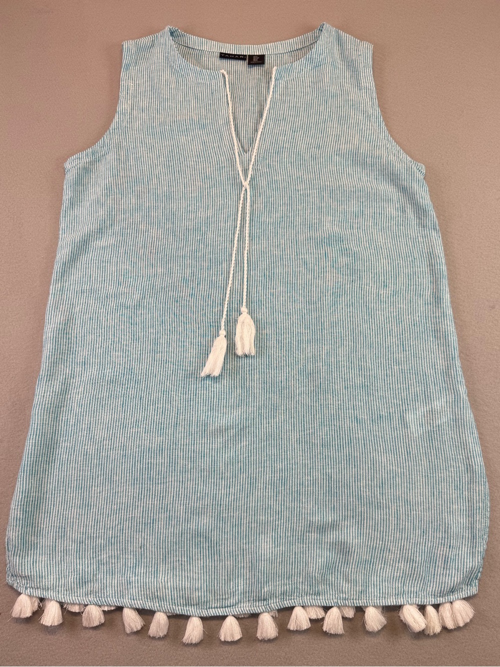 Tahari Blue Striped Sleeveless Tunic swimsuit Cover Up with Tassel Hem, Small - Picture 3 of 7